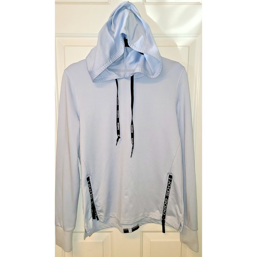 BEBE Sport women sweatshirt Oversized Logo Tape Hoodie Sz Med Athleisure SkyBlue